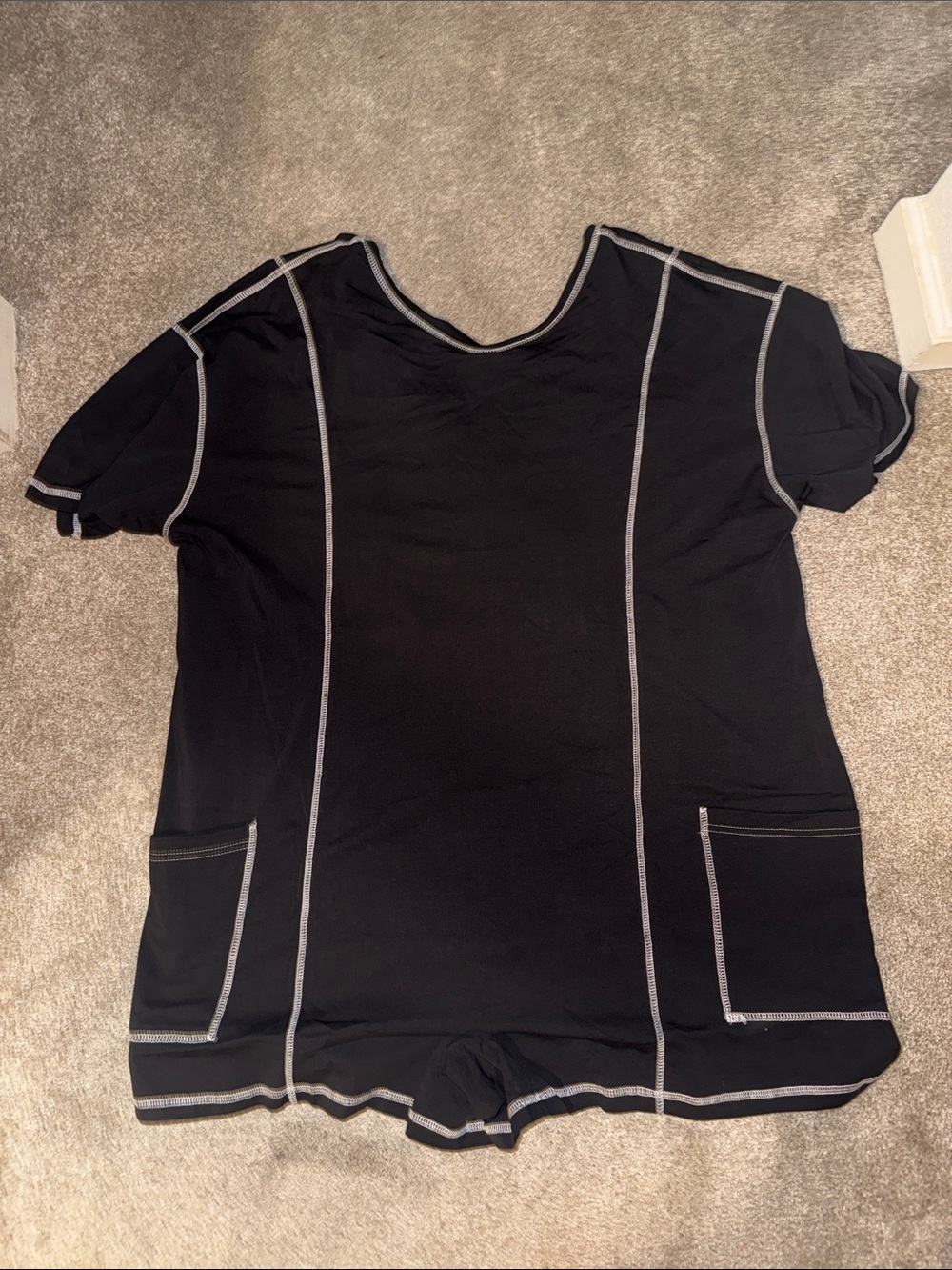 Black Short Sleeve Romper With White Stitch-Detail